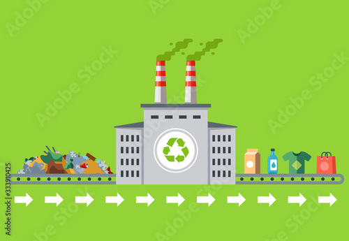 recycling garbage into new products. white plant with pipes. flat vector illustration.
