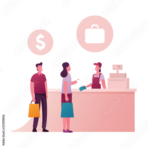 Happy People Standing at Counter Desk with Saleswoman in Duty Free Store. Male and Female Characters Buying Cheap Cosmetics, Alcohol and Food in Airport or Tax Free Area. Cartoon Vector Illustration