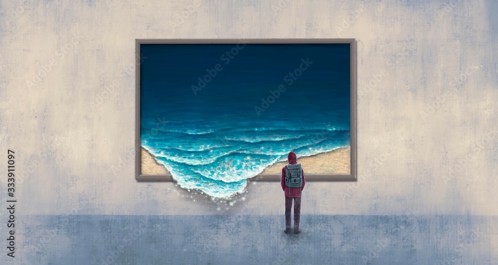 Fototapeta premium Backpacker looking at surreal wave painting