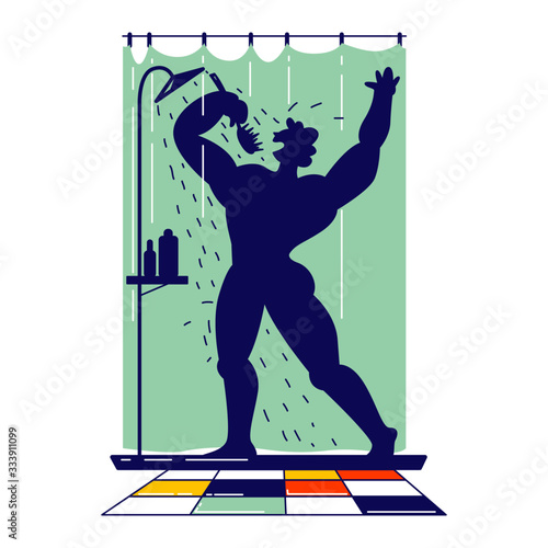 Man Singing Song in Shower Holding Brush like Microphone Imagine himself like an Artist Super Star. Naked Happy Male Character Bathing and Dancing while Washing in Bathroom. Linear Vector Illustration