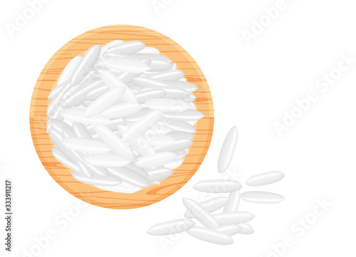 rice seed raw on circle wood plate, isolated on white, grains rice and paddy seed on wooden tray, pile rice grains, illustration rice barley white seed macro concept, vegetarian food for clip art