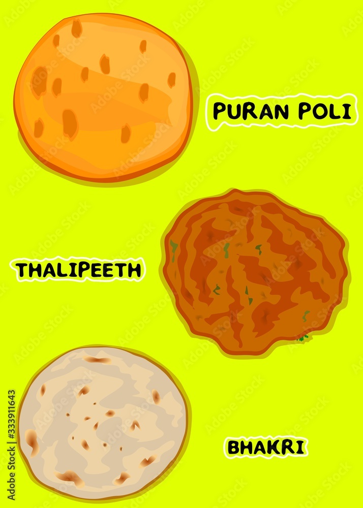 Puran poli,Thalipeeth,Bhakri indian Chapati or Bread Vector Puran poli,Thalipeeth,Bhakri indian Chapati or Bread Vector