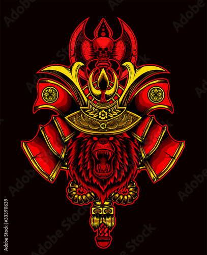 Illustration vector angry bear head with samurai helmet on black background.