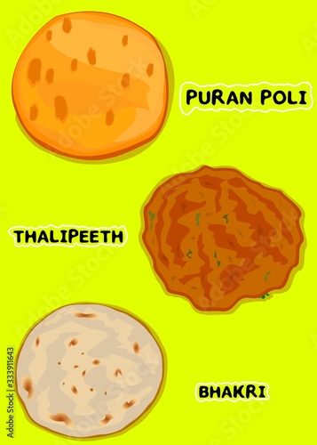 Puran poli,Thalipeeth,Bhakri indian Chapati or Bread Vector