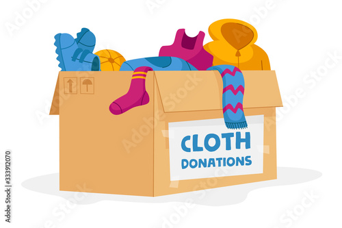 Cloth Donation and Charity Concept. Carton Box Full of Different Clothes for Poor People and Refugees in Need Isolated on White Background. Volunteering Social Aid. Cartoon Vector Illustration