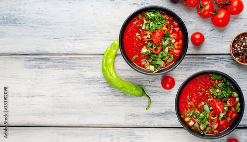  Traditional spanish cold gazpacho tomato soup on wood background