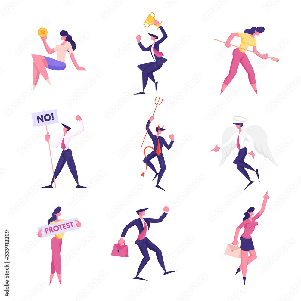 Set of Business People Protesting with Banners on Demonstration, Angel and Demon Characters Arguing, Holding Golden Goblet, Coin and Briefcase. Office Managers Lifestyle. Cartoon Vector Illustration