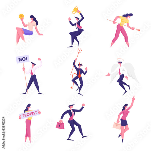 Set of Business People Protesting with Banners on Demonstration, Angel and Demon Characters Arguing, Holding Golden Goblet, Coin and Briefcase. Office Managers Lifestyle. Cartoon Vector Illustration © Hanna Syvak