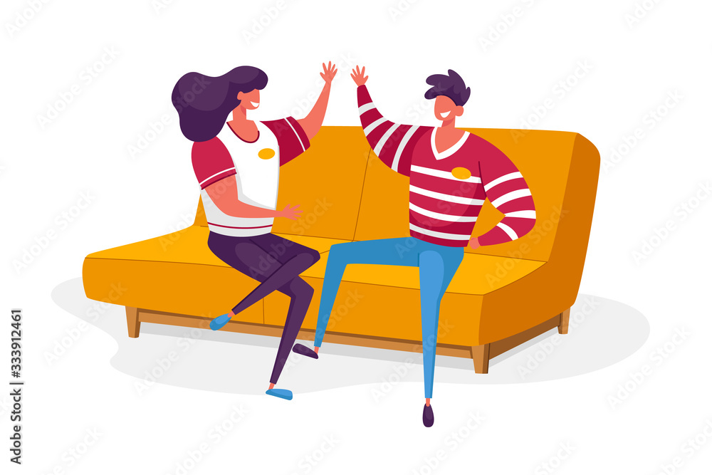 Fototapeta premium Cheerful Fans Male Female Characters Wearing Sports Club Uniform Giving High Five Sitting on Couch Cheering for Favorite Sport Team Watching Match at Home, Victory. Cartoon People Vector Illustration