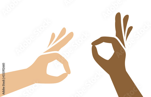 ok hand sign simple isolated on white background, symbol icon ok hand with dark and fair white skin, flat lay ok hand gesture for infographic design, ok hans clip art fair white and lightly tanned