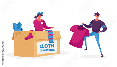 Woman Packing Box with Donating Things. Charity Organization Help People in Troubles and Poor Families with Finance Problems. Volunteer Characters in Donation Center. Cartoon Vector Illustration