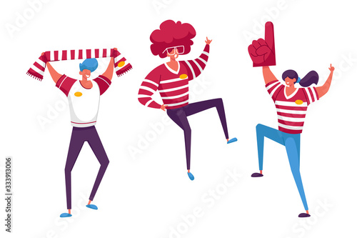 Football Supporter Fans Characters Cheering and Celebrate Watching Match at Stadium. Friends People Group with Red T-shirts Having Excited Fun on Sport World Championship. Cartoon Vector Illustration
