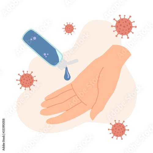 Coronavirus, covid-19. Sanitizer in the hand, isolated background. Vector illustration, flat style.
