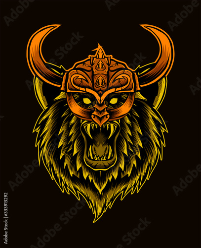 illustration vector bear head with viking helmet on black background.
