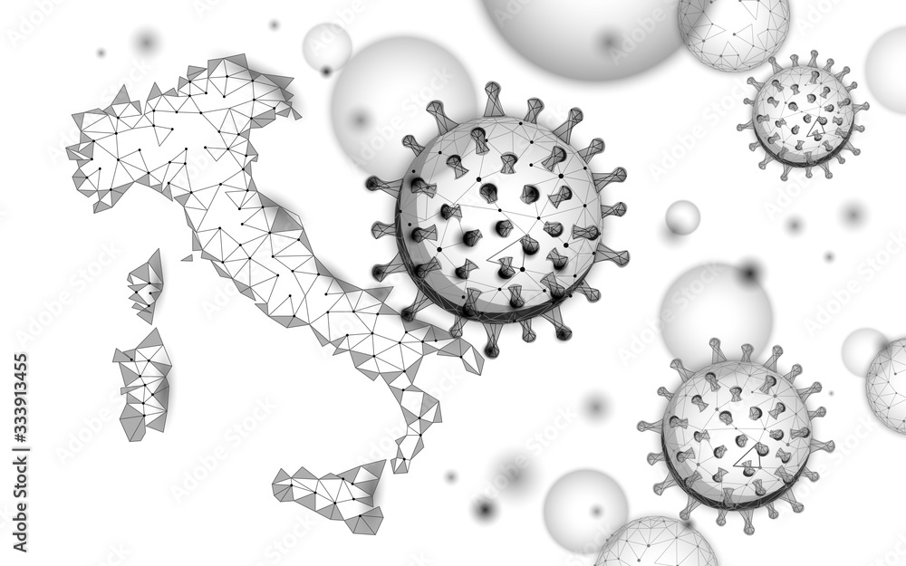 Italy geographic map. Infection pneumonia prevention. 3D low poly digital banner. International global country travel outbreak. Europe international global outbreak coronavirus virus epidemic Italy geographic map. Infection pneumonia prevention. 3D low poly digital banner. International global country travel outbreak. Europe international global outbreak coronavirus virus epidemic