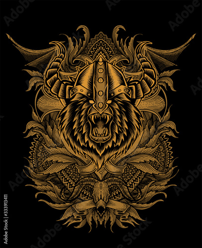 illustration vector bear head with viking helmet on black background.