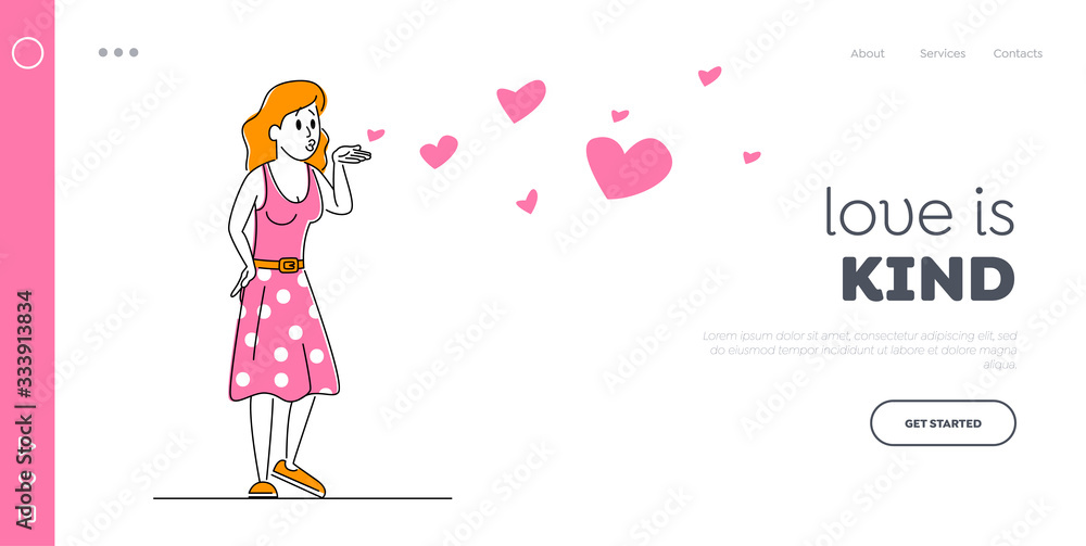 Valentines Day Concept for Landing Page Template. Young Woman Character in Pink Dress Send Air Kiss with Flying Hearts. Romantic Relations, Girl Fall in Love and Dating, Linear Vector Illustration Valentines Day Concept for Landing Page Template. Young Woman Character in Pink Dress Send Air Kiss with Flying Hearts. Romantic Relations, Girl Fall in Love and Dating, Linear Vector Illustration