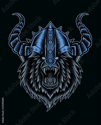 illustration vector bear head with viking helmet on black background.