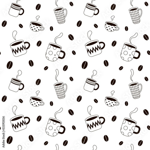 Vector seamless pattern with cups of coffee and coffee beans on the white background.