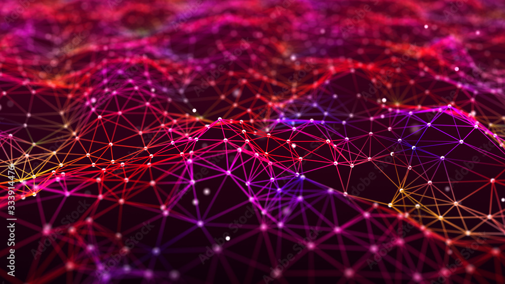 Network of bright connected dots and lines. Digital plexus of glowing lines and dots. Abstract background. 3D rendering.