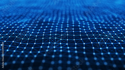 Network of bright connected lines. Perspective grid. Digital background. 3D rendering.