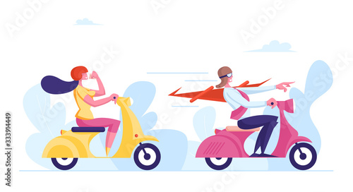 Business People Male and Female Characters Riding Scooters. Woman Follow Man in Red Super Hero Cloak. Leadership, Racing Challenge, Office Workers Motor Bike Competition. Cartoon Vector Illustration