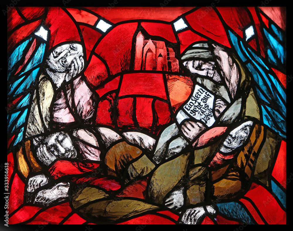 Birth of Jesus, Christmas, detail of stained glass window by Sieger Koder in St. James church in Hohenberg, Germany