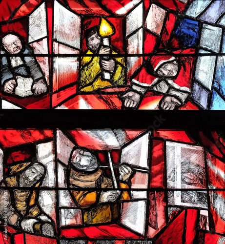 God cares for His own and strengthens them in their life path, detail of stained glass window by Sieger Koder in St. John church in Piflas, Germany