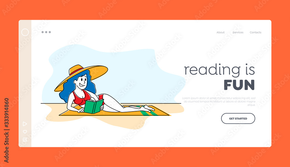 Female Character Enjoying Reading Spare Time Landing Page Template. Woman in Bikini and Tropical Hat Lying on Sandy Beach Read Interesting Book. Bookworm on Exotic Resort. Linear Vector Illustration Female Character Enjoying Reading Spare Time Landing Page Template. Woman in Bikini and Tropical Hat Lying on Sandy Beach Read Interesting Book. Bookworm on Exotic Resort. Linear Vector Illustration