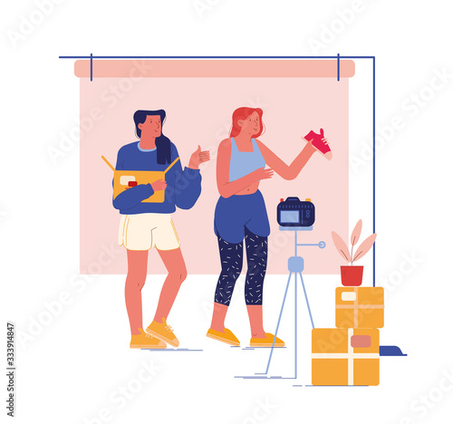 Girls Video Bloggers Characters Make Review for Internet Society Unpacking Box with Modern Shoes. Blogging Unboxing Broadcast, Expertise, Advertising Fashion Promo. Cartoon People Vector Illustration