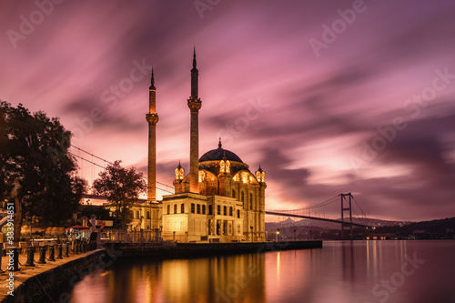 Ortakoy mosque and Bosphorus bridge at sunrise, Istanbul, Turkey photo