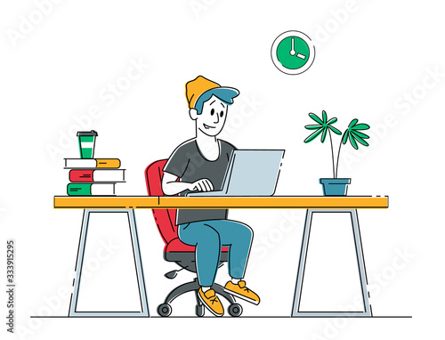 Remote Freelance Work Concept. Man Freelancer Sitting in Comfortable Armchair Working Distant on Laptop. Creative Employee Programmer or Designer Character Work at Home. Linear Vector Illustration