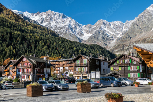 Main square of Macugnaga with Monte Rosa in the background