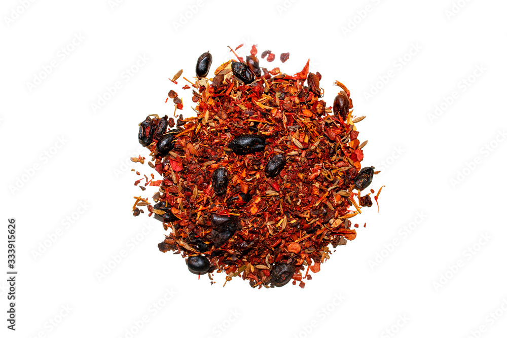 Fototapeta premium Mixed spice with barberry isolated on white background. Top view. Spice mix for pilaf