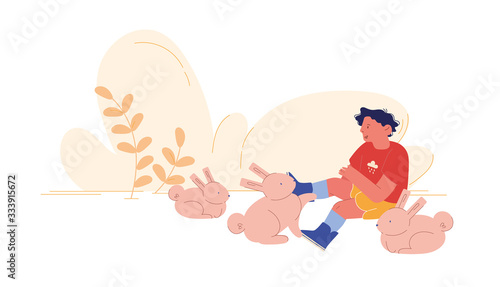 Happy Boy Character Playing with Cute Little Rabbits in Farm Zoo. Care of Animals, Excursion to Ranch or Village Farmyard, Summer Spare Time, Leisure. Kid Petting Animals. Cartoon Vector Illustration