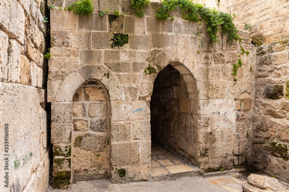 The passage leading to the Little Western Wall in the old district of Jerusalem city in Israel
