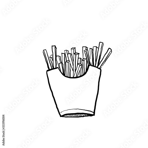 hand drawn French potato pack box. Cartoon fast food fry potato isolated illustration.doodle