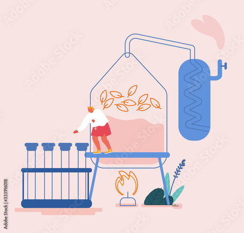 Essential Oil Making Concept. Woman Perfumer Character Put Ingredients to Distiller Equipment for Distillations Aromatic Production, Perfumery Substance for Scent Creation. Cartoon Vector Illustration