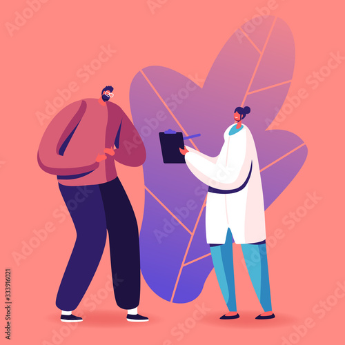 Woman Doctor Character Writing Recipe to Man Patient Touching Stomach Painful Suffering from Stomachache or Appendicitis Disease. Health and Healthcare Concept. Cartoon People Vector Illustration