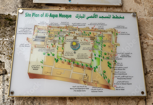 The site plan of Al Aqsa Mosque on the wall of the Temple Mount in the Old City in Jerusalem, Israel