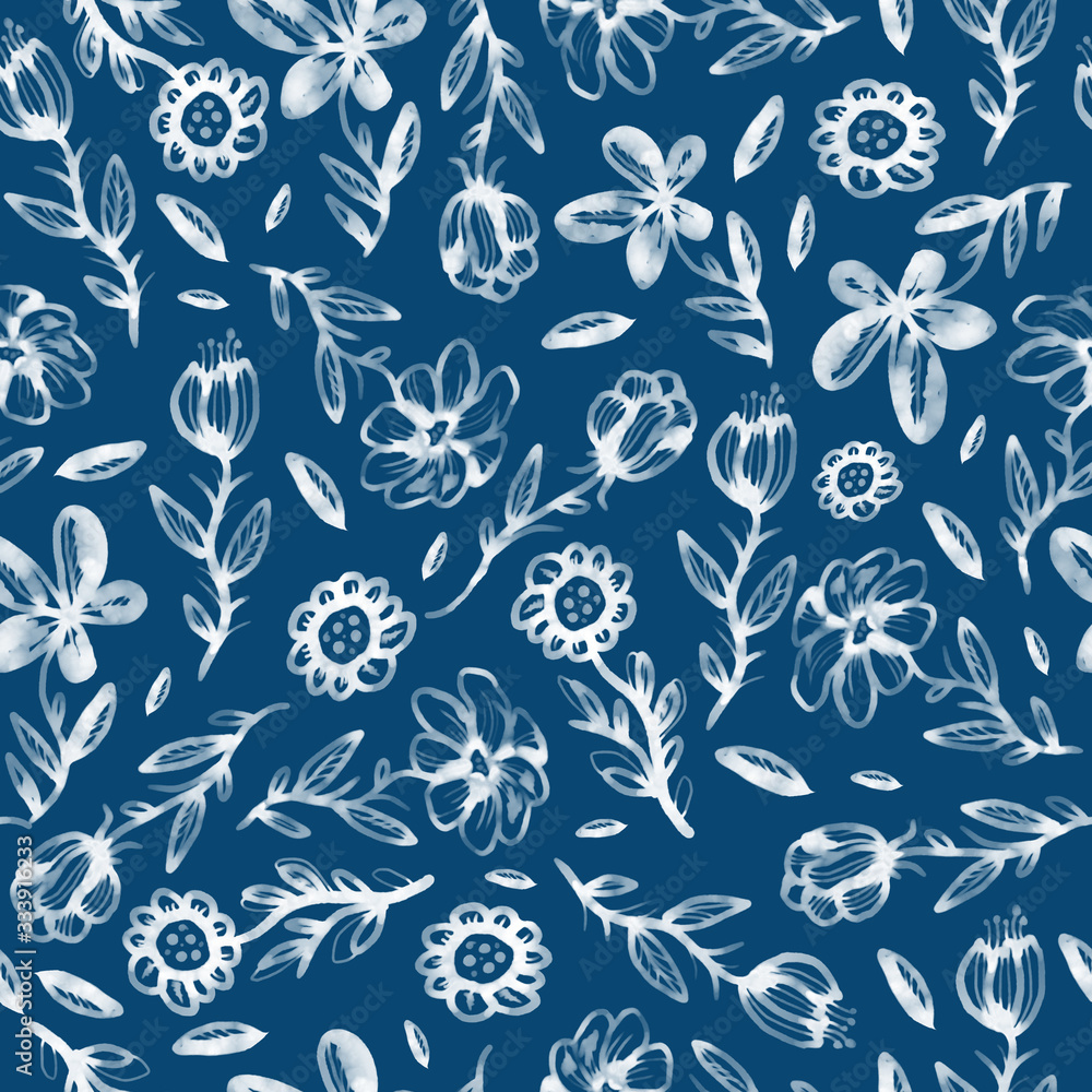 Seamless pattern, background, texture print with light watercolor hand drawn blue color dusty leaves, fern greenery forest herbs, plants. Tender, elegant textile fabric, wrapping paper backdrop layout Seamless pattern, background, texture print with light watercolor hand drawn blue color dusty leaves, fern greenery forest herbs, plants. Tender, elegant textile fabric, wrapping paper backdrop layout