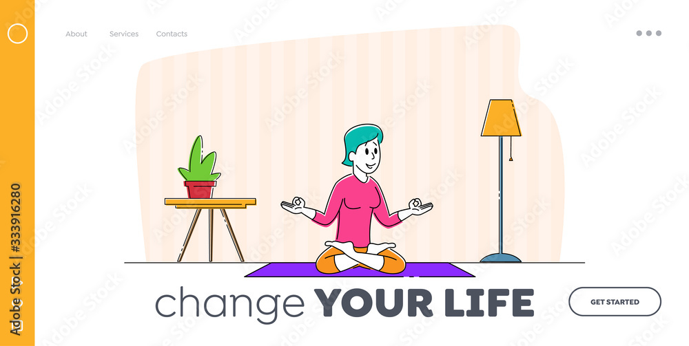Yoga Class Practice, Healthy Lifestyle Landing Page Template. Young Woman Character Meditating Sitting in Lotus Posture at Home. Relaxation and Emotional Balance, Harmony. Linear Vector Illustration