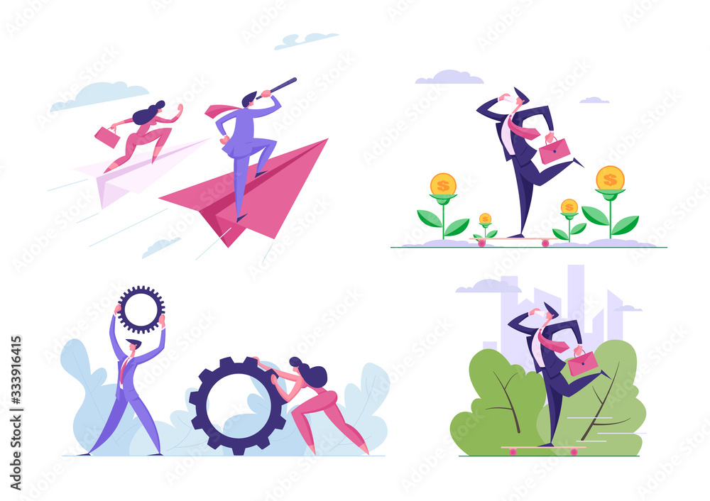 Set of Business People Flying on Paper Airplanes with Briefcase and Spyglass, Rolling Cogwheels, Ride Skateboard and Speaking Mobile Phone, Grow Money Plants. Characters. Cartoon Vector Illustration