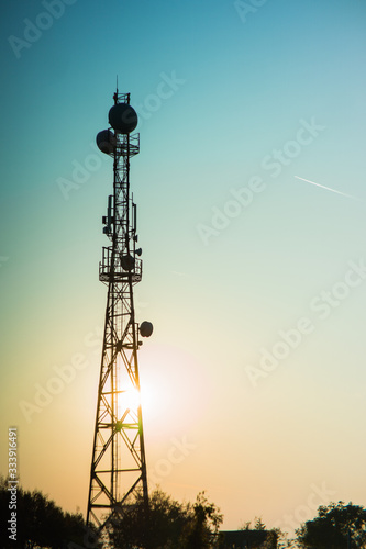 5G radio transmitting tower with antennas for coverage