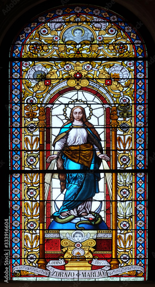 Virgin Mary, stained glass window in the Church of Saint Catherine of Alexandria in Zagreb, Croatia