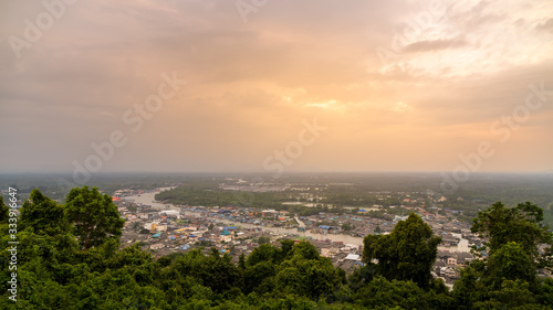 Pak Nam Chumphon town  fisherman village  and river from Khao Matsee scenic viewpoint during sunset