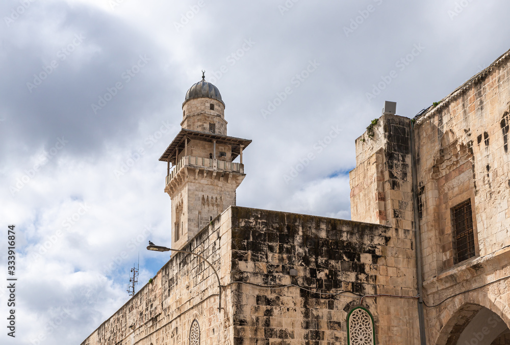 The Medresse and the Bab al-Silsila minaret are on the Temple Mount in the Old Town of Jerusalem in Israel