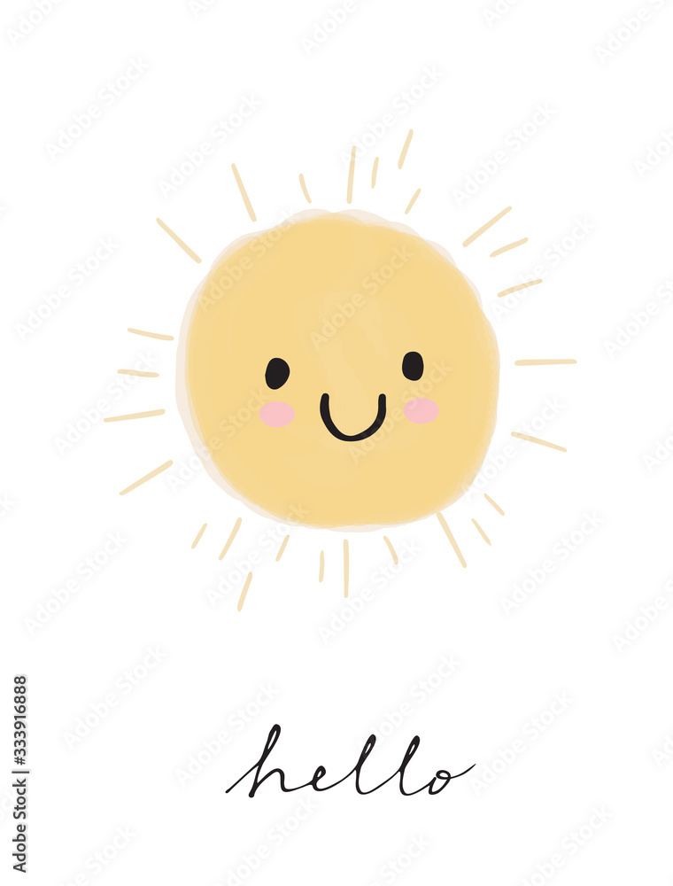 Lovely Hand Drawn Vector Illustration with Funny Smiling Sun Isolated on a White Background. Cute Nursery Art ideal for Wall Art, Poster, Card. Kawaii Style Design. Lovely Hand Drawn Vector Illustration with Funny Smiling Sun Isolated on a White Background. Cute Nursery Art ideal for Wall Art, Poster, Card. Kawaii Style Design.