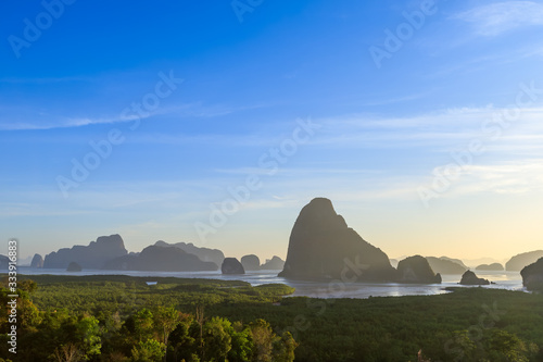 Beautiful Samet Nangshe viewpoint over Phnag-nga Bay scenic in morning, with mangrove forest and mountains in Andaman sea, near Phuket, Thailand photo