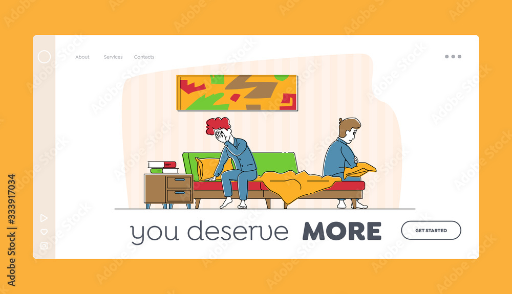 Spouse Quarrel Landing Page Template. Married Couple Characters Sit on Bed Feeling Bad cos of Arguing. Divorce, Family Crisis and Conflict Situation, Disappointment. Linear People Vector Illustration